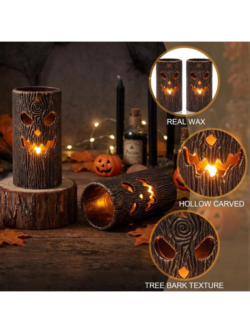 2PCS Halloween Ghost Tree Carved Flameless Pillar Candles Real Wax 6H Timer - Picture 2 of 7